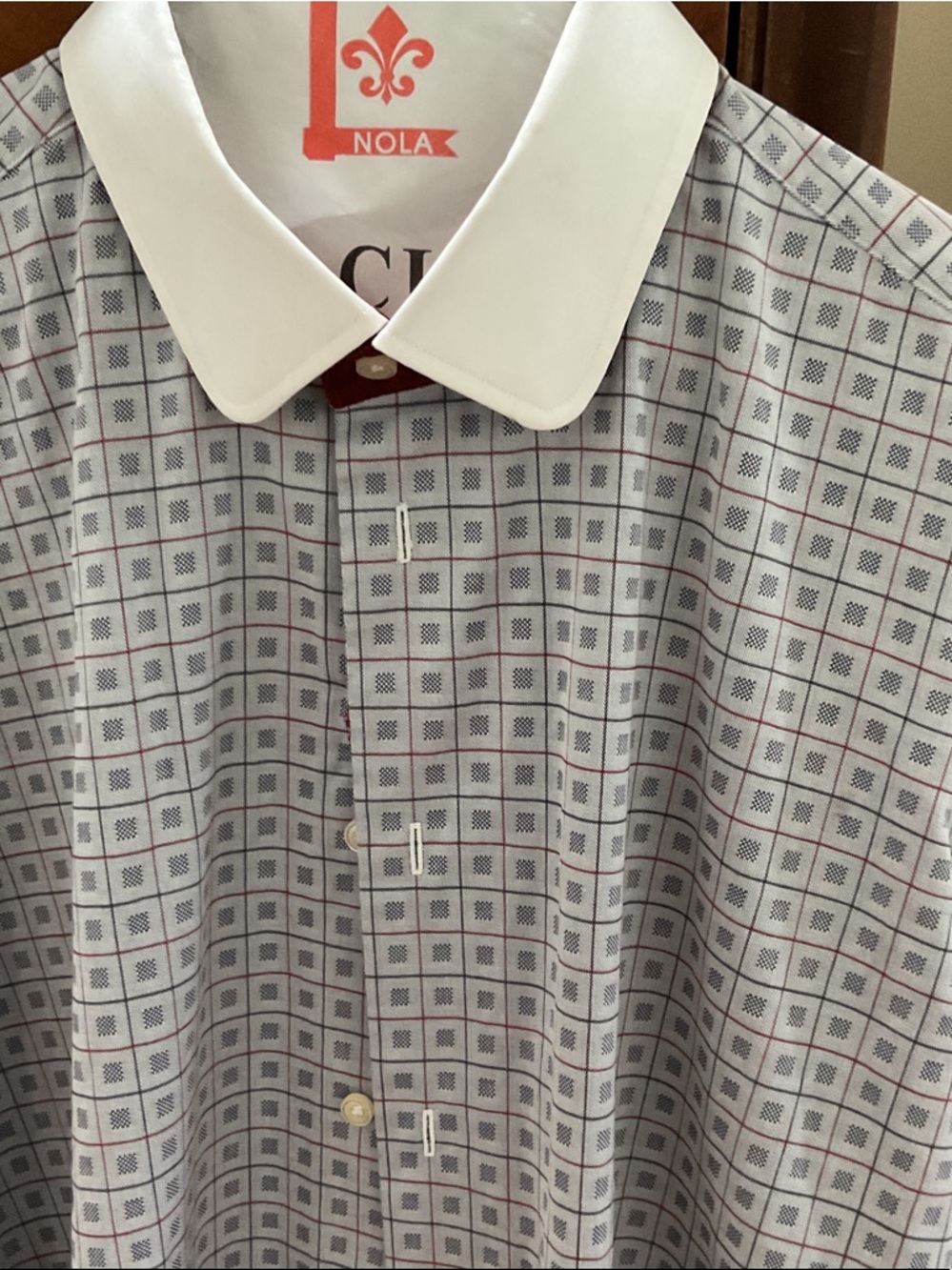 Robert Graham White Collar Grey Checked Dress Shirt with Red Accents